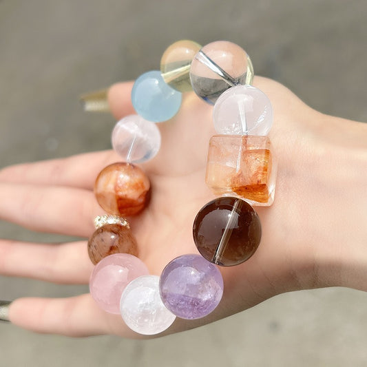 Natural Gemstone Bracelet - Aquamarine Prehnite Smoky Quartz Crystal