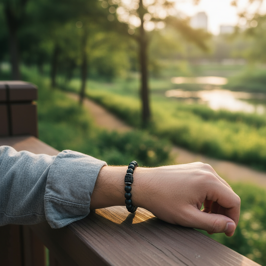 Shadow Guardian | Natural Volcanic Stone Agate Bracelet | Stress Relief Energy Protection | Handcrafted Lava Rock Beaded Bracelet