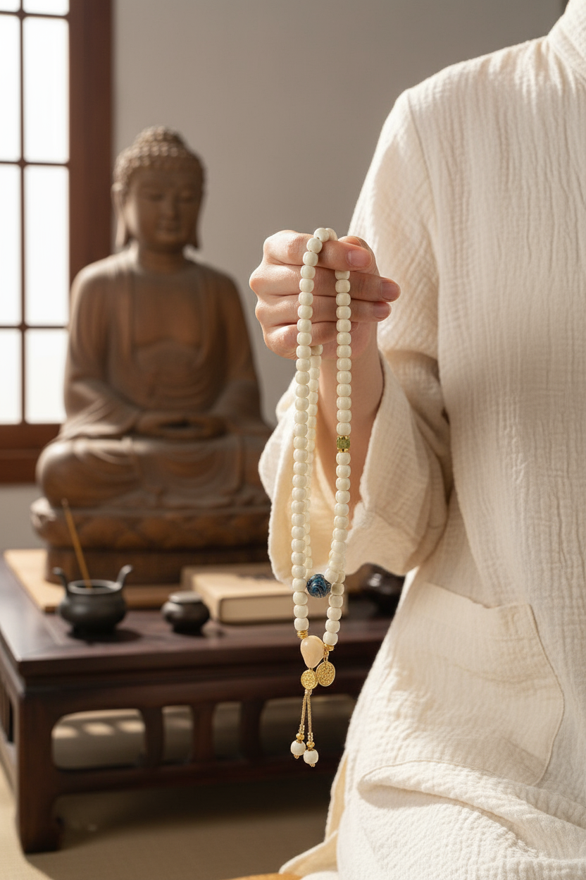White Bodhi Seed Mala Necklace - 108 Prayer Beads Jade Cloisonné Meditation Jewelry