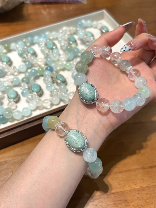 🌊【AquaMyst】Aquamarine, White Azer & Amazonite Bracelet｜Dopamine Energy Series