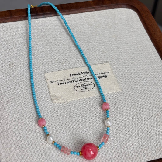 💙【Ocean Bloom】Blue Turquoise, Pink Stone & Pearl Bracelet & Necklace｜Gentle Love Series