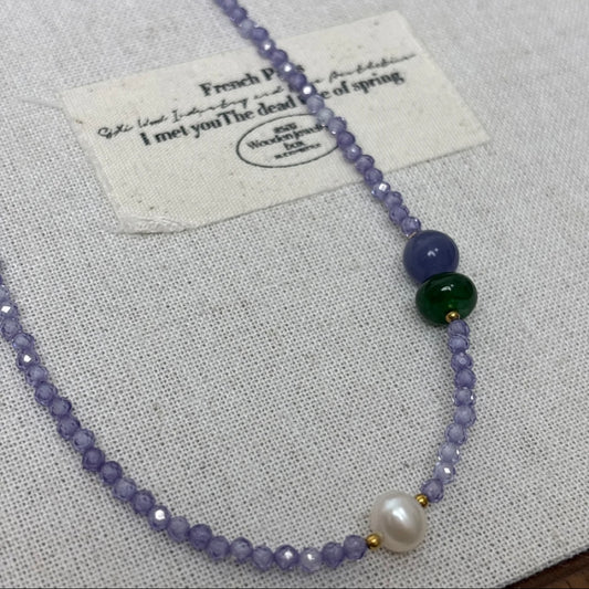 💜【Amethyst Mist】Zircon, Green Agate, Purple Cat’s Eye & Freshwater Pearl Necklace｜Gentle Love Series