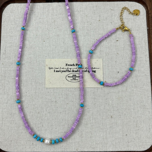 💜 【Lilac Dream】Natural Stone, Blue Turquoise & Freshwater Pearl Bracelet & Necklace｜Gentle Love Series