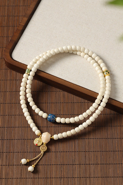 White Bodhi Seed Mala Necklace - 108 Prayer Beads Jade Cloisonné Meditation Jewelry
