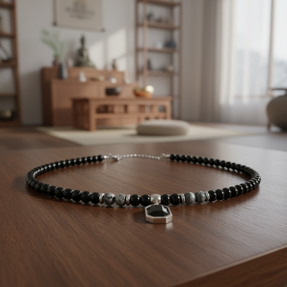 Urban Talisman | Titanium Steel Black Gemstone Necklace | Streetwear Pendant | Retro Map & Tiger Eye Clavicle Chain