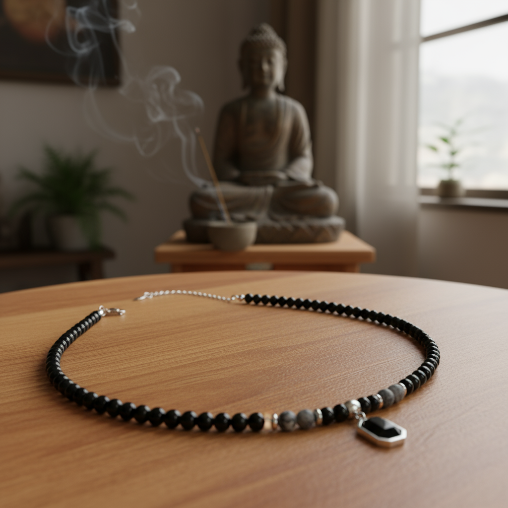 Urban Talisman | Titanium Steel Black Gemstone Necklace | Streetwear Pendant | Retro Map & Tiger Eye Clavicle Chain