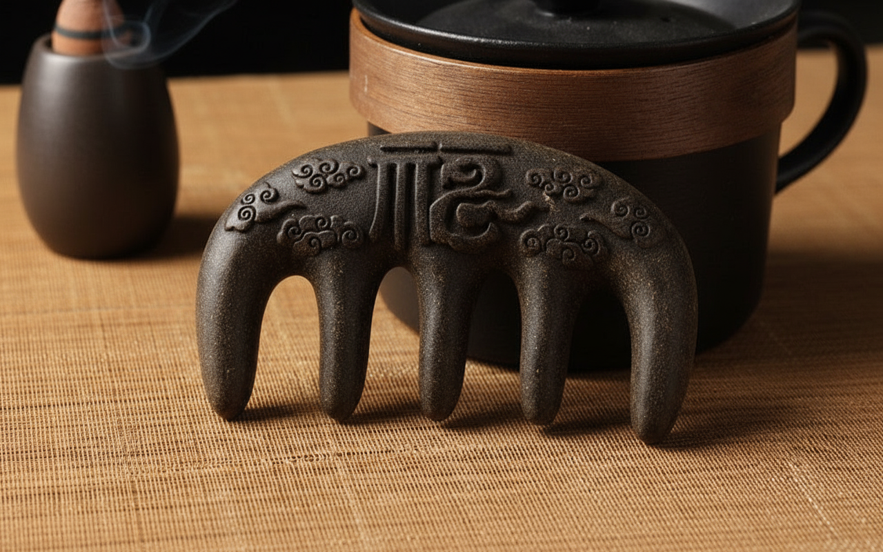 Carved Ebony Comb - Bamboo Mat Background