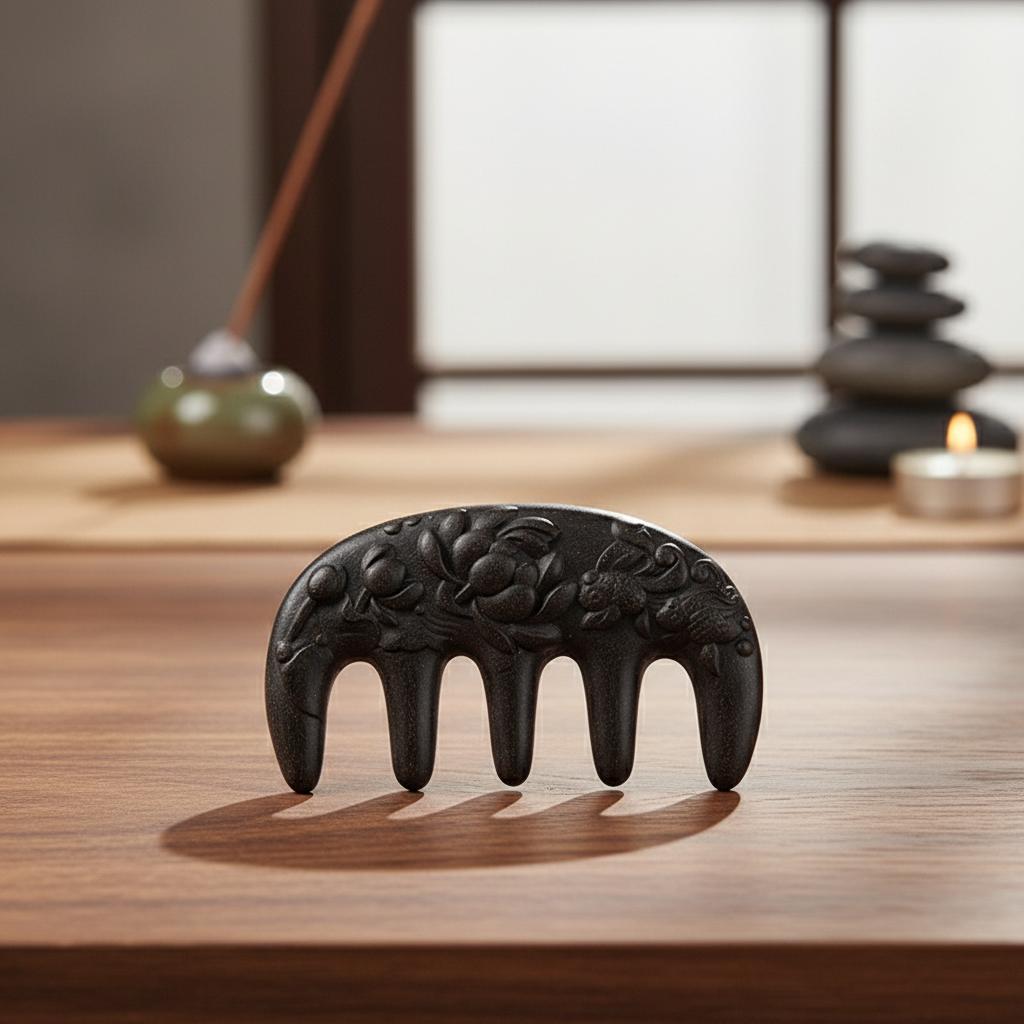 Carved Ebony Comb - Brown Wood Background