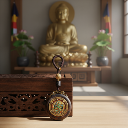 Green Tara Keychain - Front Facing with Box