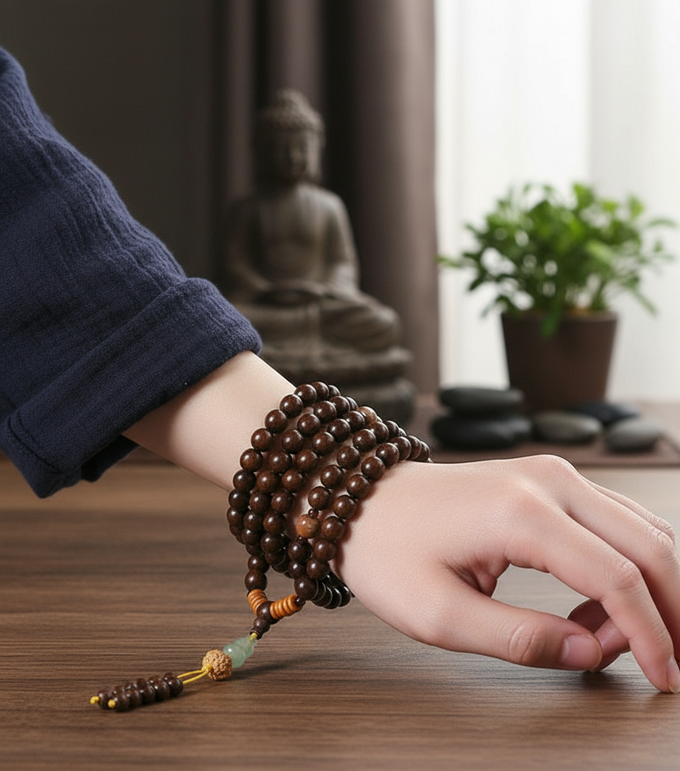 Sandalwood 108 Mala - Lifestyle Worn on Wrist