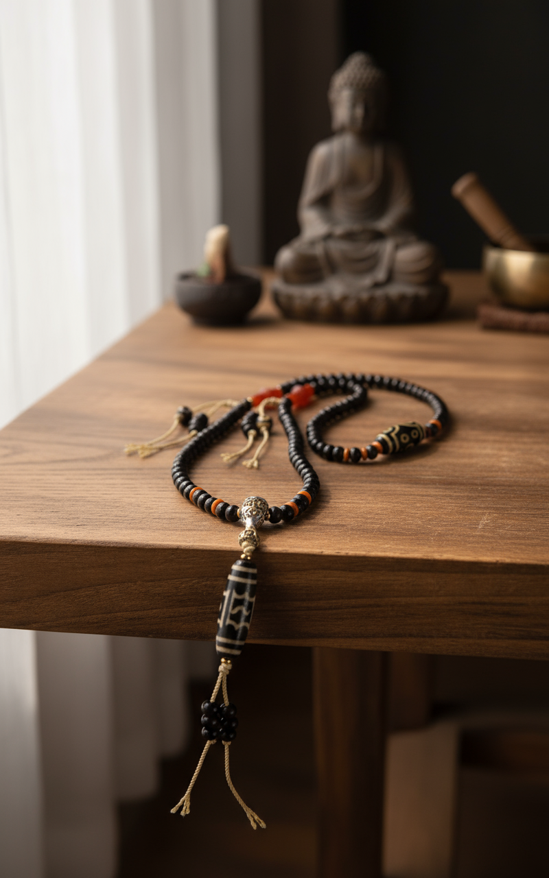 Tibetan Dzi Mala - Brown Wood Background