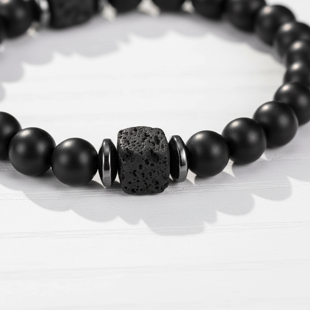 Shadow Guardian | Natural Volcanic Stone Agate Bracelet | Stress Relief Energy Protection | Handcrafted Lava Rock Beaded Bracelet