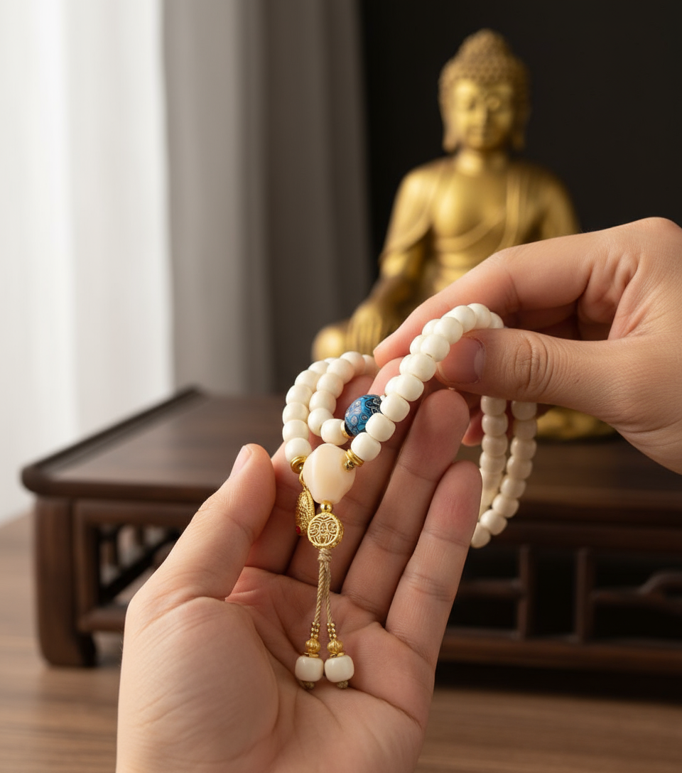 White Bodhi Mala - Lifestyle Detail